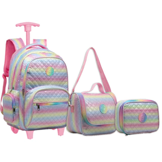 Kit Mochila Escolar Feminina Tie Dye Colorida Rodinhas G KIT8143
