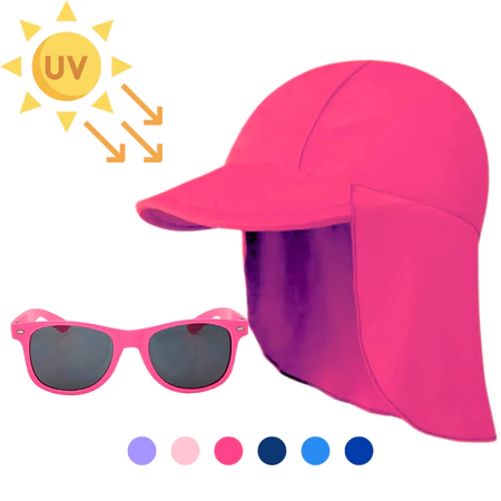 Boné infantil com UV50+ c/ protetor de pescoço + óculos sol várias cores