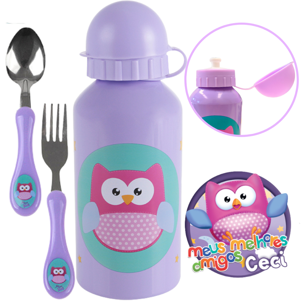 Kit Refeição Alimentação Garrafinha Inox e Talher para Bebe Criança Escolar