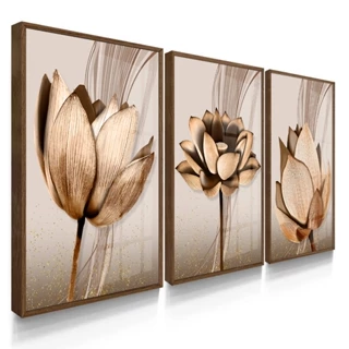 Quadros Decorativos com Moldura e Vidros Flores Cobre Neutro Kit Trio