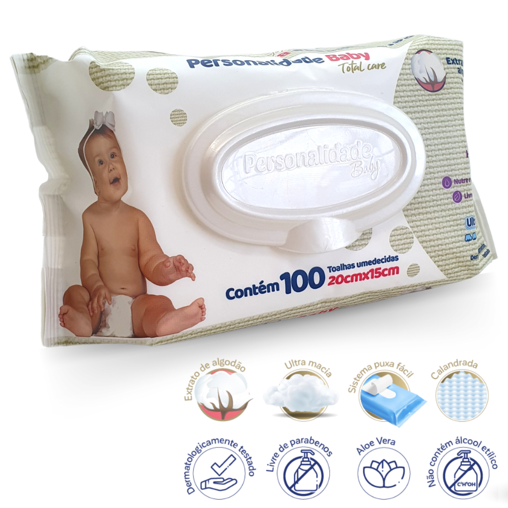Lenço Umedecido Personalidade Baby 100 Unidades Sem Alcool Bebe Recem ...