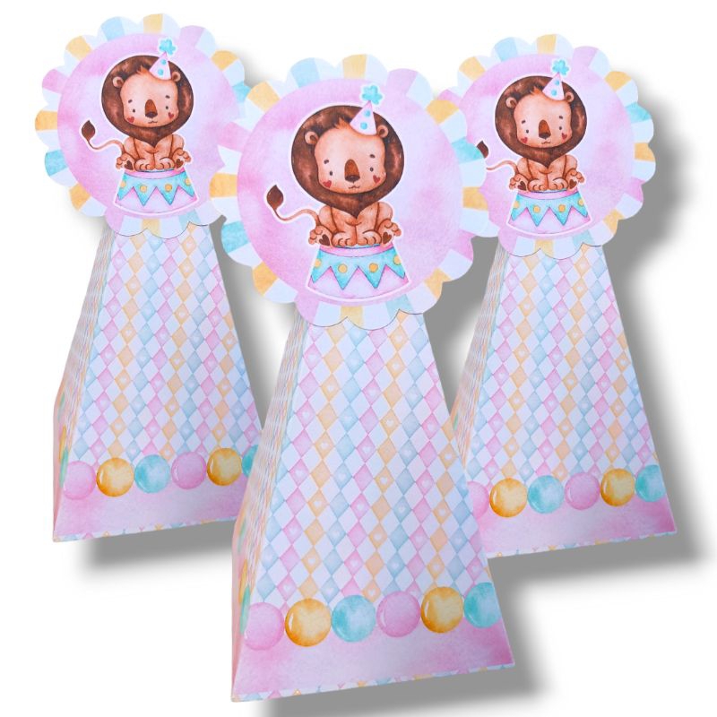 10 Caixas Pirâmides Personalizadas Circo Rosa Menina Lembrancinhas