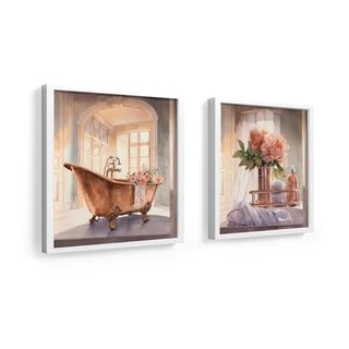 kit 2 quadros decorativos banheiro, lavabo, toalete, flores, Rose gold, vasos, vidro 18x18 cm