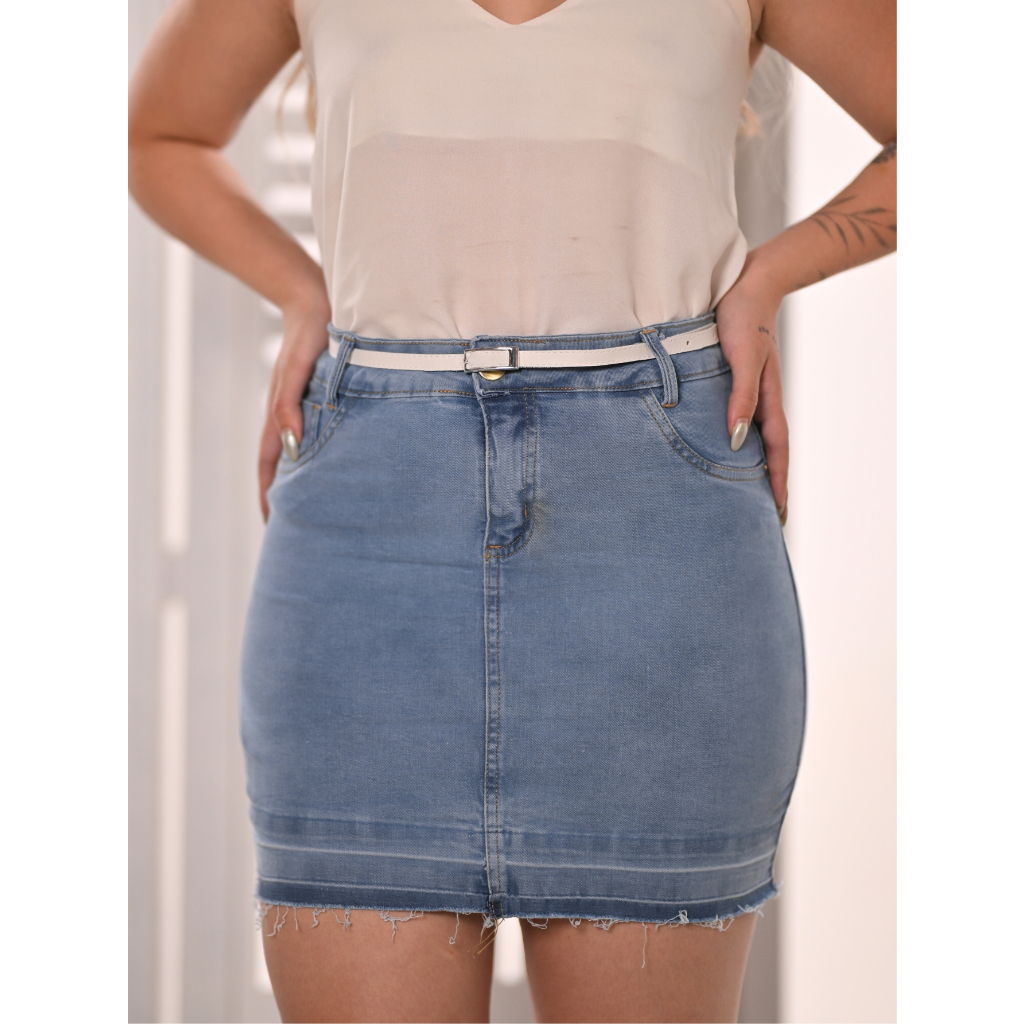Mini Saia Jeans Feminina Com Cinto Barra Desfiada Com Elastano (Lycra) Jeans4you