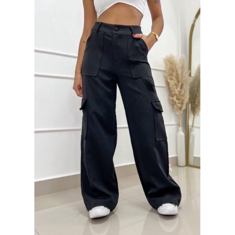 Calça Cargo Pantalona Feminina Tecido Alfaiataria Com Elástico