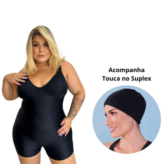 Maiô Macaquinho Hidroginastica + Touca Plus Size Natação Moda Praia Curve