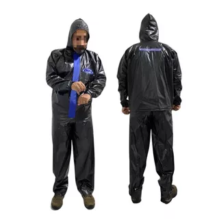 Capa de Chuva com Capuz Preto/Azul para Motociclista em PVC 100% Impermeável