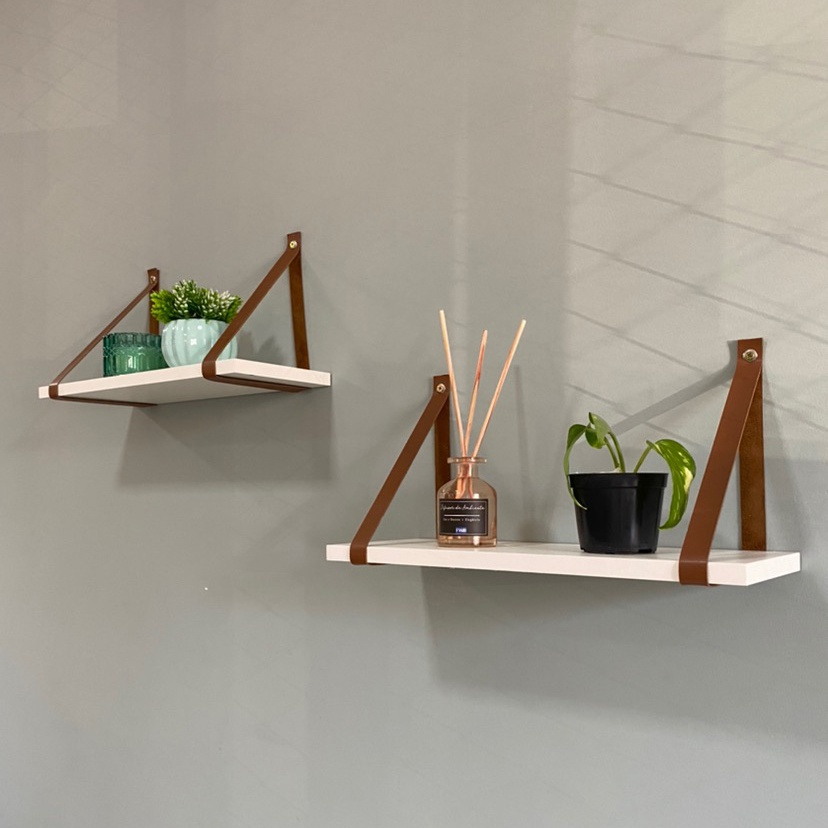 Kit 2 Prateleiras Alça Couro Ecológico Mdf Branco 45x15