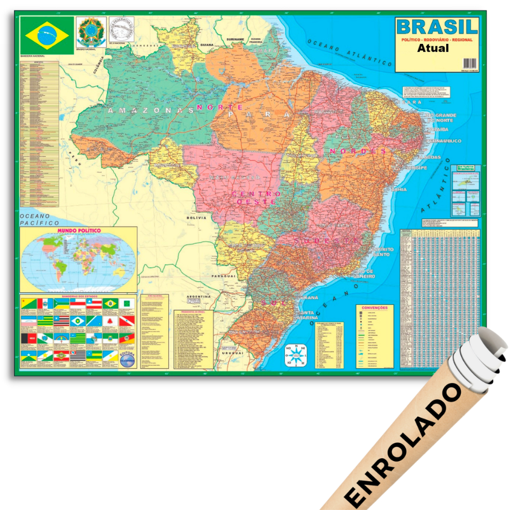 Mapa Do Brasil Politico Rodoviário Escolar Poster Geográfico Atual