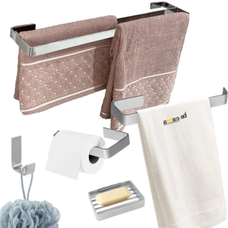 Kit de Banheiro Suporte de Toalhas Duplo Cromado 5 Peças com Saboneteira