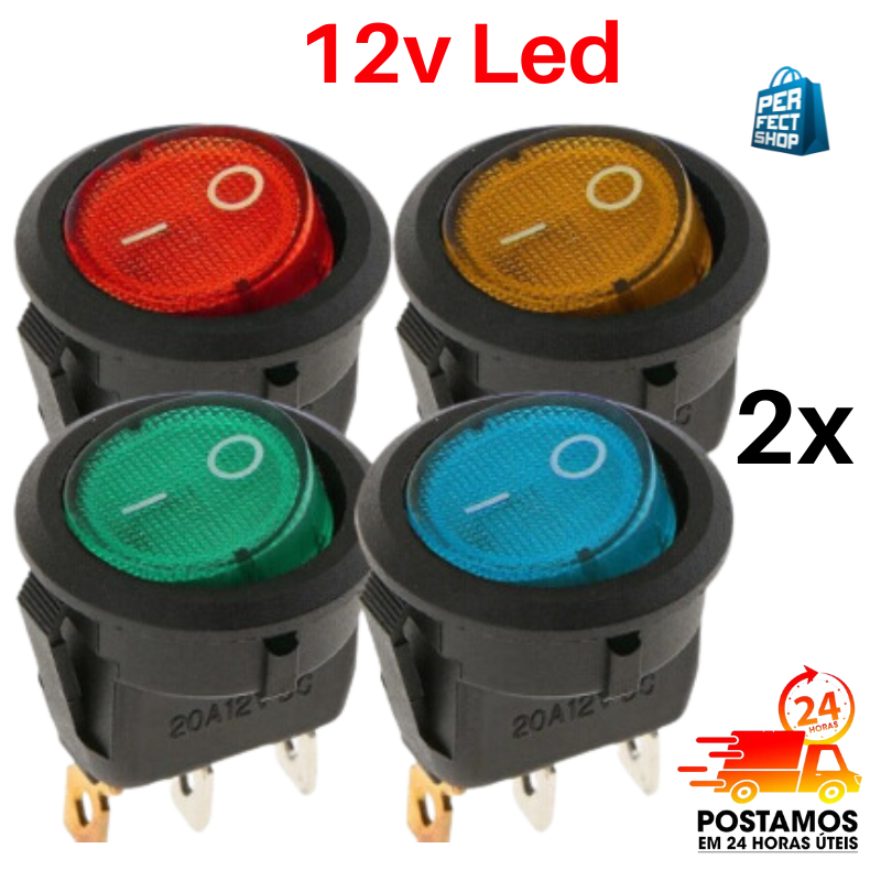 2x Botão Interruptor Led Liga/Desliga 12V 20A. Chave Gangorra. Azul ...