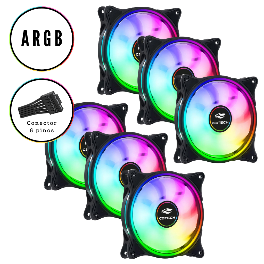 Kit 6 Cooler FAN Ventoinha 6 Pinos Controlável ARGB RGB LED 120mm 12cm P/ Gabinete PC Gamer Preto