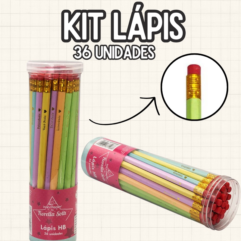 Kit Lápis 36 Unidades com Borracha Material Escolar HB Soft Lápis ...