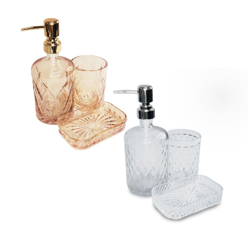 Conjunto para Banheiro Vidro Pia Kit Jogo Lavabo 3 Pçs Luxo Transparente Âmbar