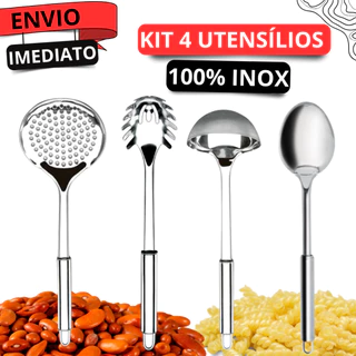 Kit 4 Utensílios 100% Inox Para Cozinha Concha Pegador de Massas Colher e Escumadeira De Alta Qualidade