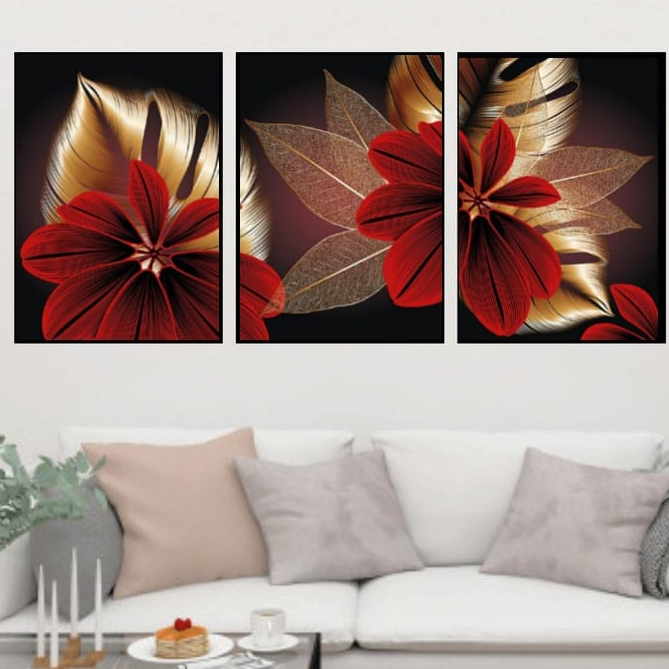 Quadros Decorativos Grande Flor Vermelha E Dourada Alta Resolução Para Sala Quarto Escritório