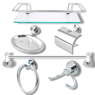 Kit Acessório Para Banheiro Aço Inox 6 Peças Com Porta Shampoo Reto