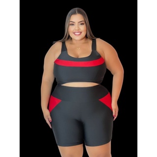 Plus size Conjunto shorts legging mais top feminino fitnes detalhe em duas  cores