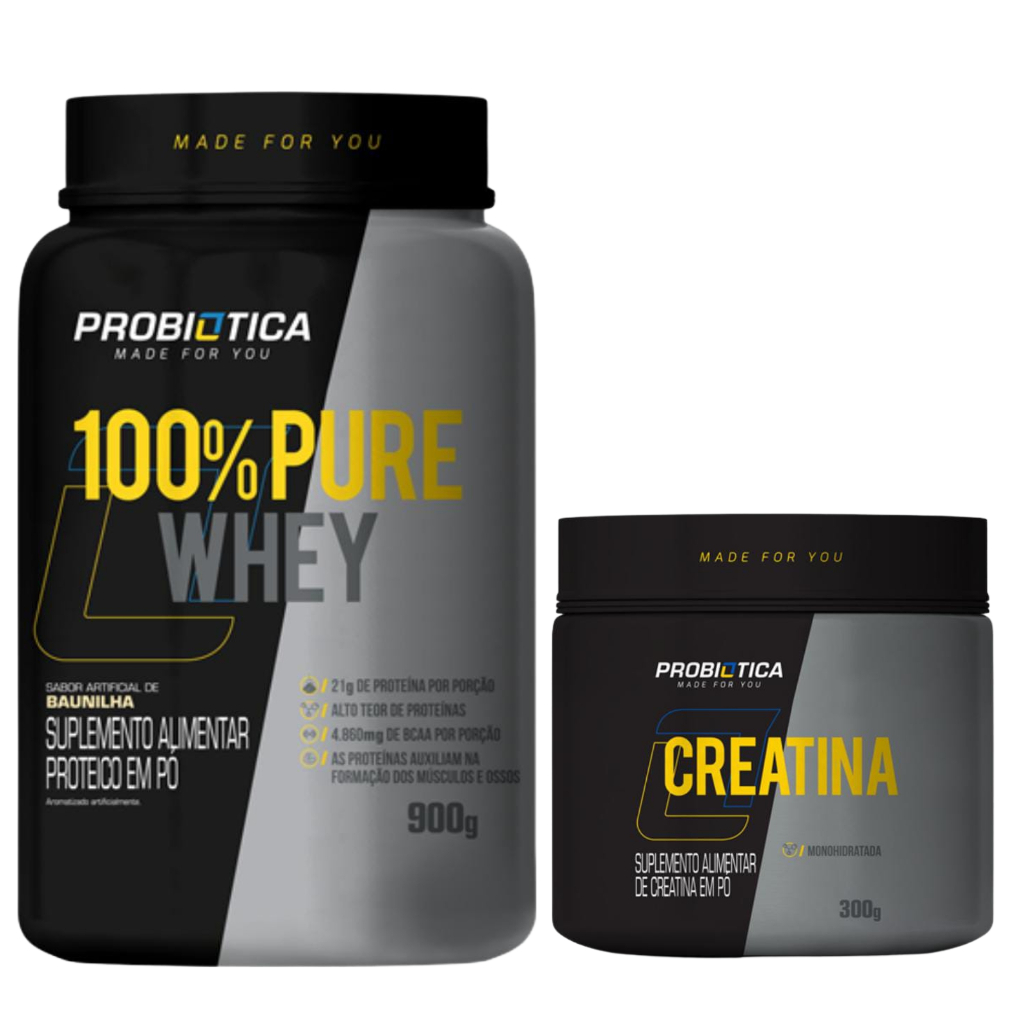 Kit Whey Protein 100% Pure Baunilha pote 900g + Creatina Probiotica 300g – Envio Rápido