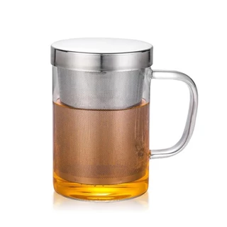 Copo Caneca de Vidro Com Infusor E Tampa Inox 400mL Para Chá