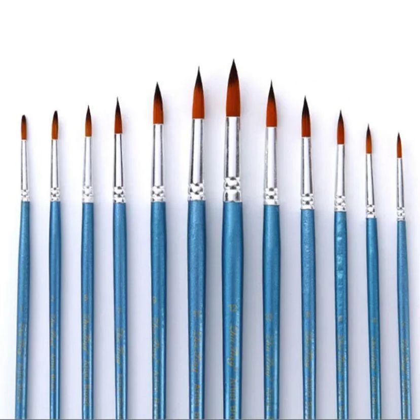 Kit 12 pincéis ponta arredondada artístico aquarela varios tamanhos básico