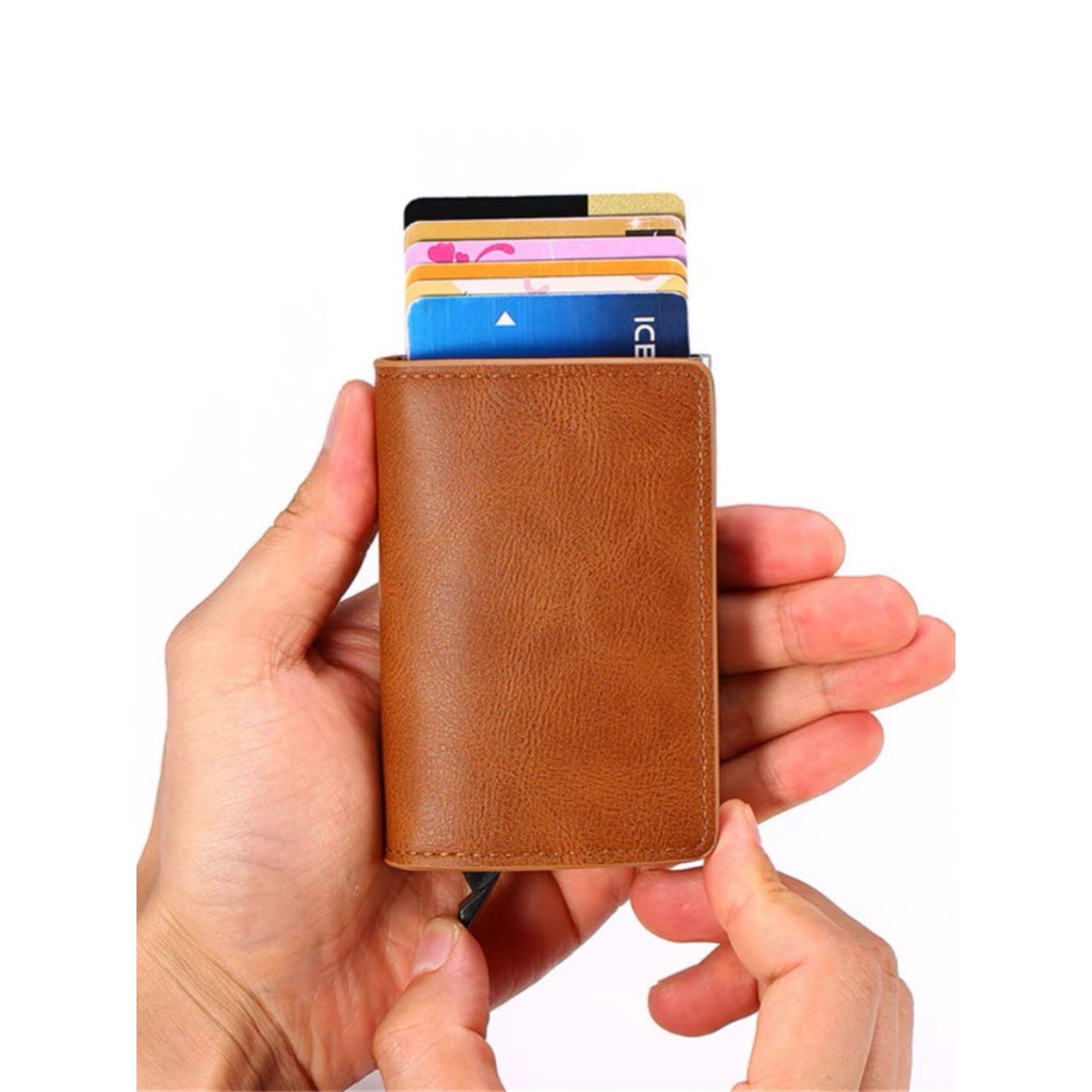 Porta-Cartões Anti-Roubo RFID Pop-Up Automático De Metal Couro Masculino