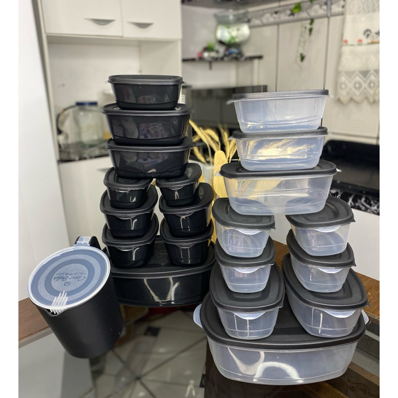 kit potes herméticos com tampa + jarra de plástico para cozinha
