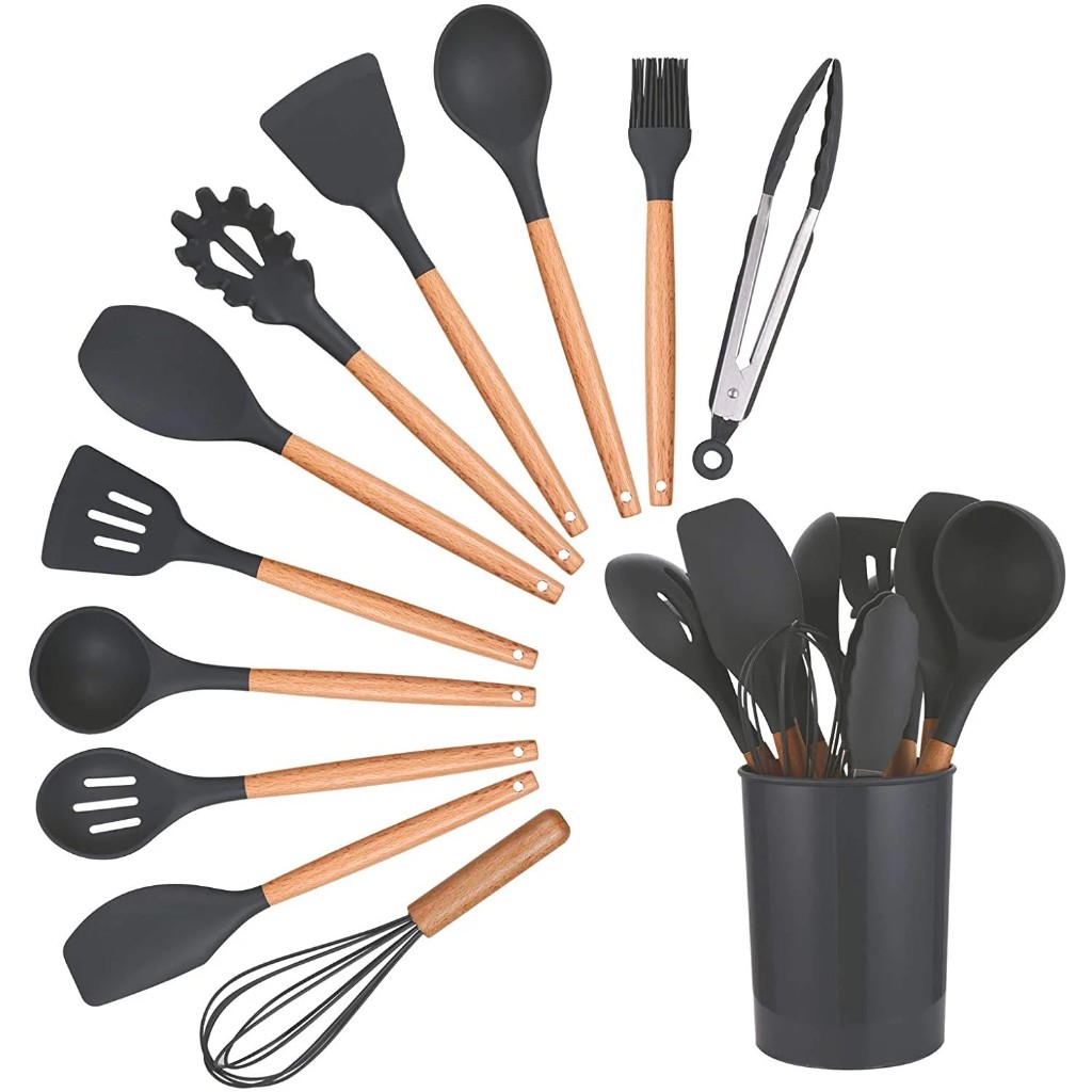Jogo De Cozinha Em Silicone 12 Peças E Bambu Talheres Utensílios Completos Copo Suporte