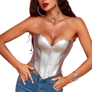 Cropped Top Blusa Bustier Tipo Corset Modelador com Barbatanas Couro Sintético Prata M862