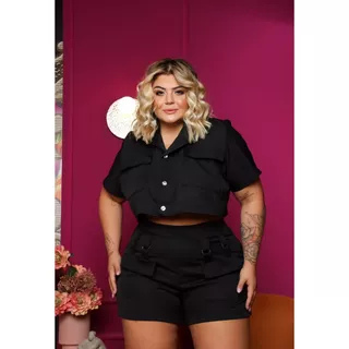 Conjunto Feminino de Bermuda e Cropped Plus Size Alfaiataria Elegante Modinha Bolsos Cargo Heloisa All Curve