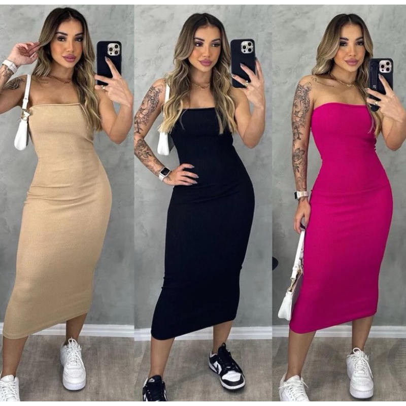 Vestido Tomara Que Caia Midi Com Bojo Feminino Tecido Anarruga Canelado Tubinho Shopee Brasil