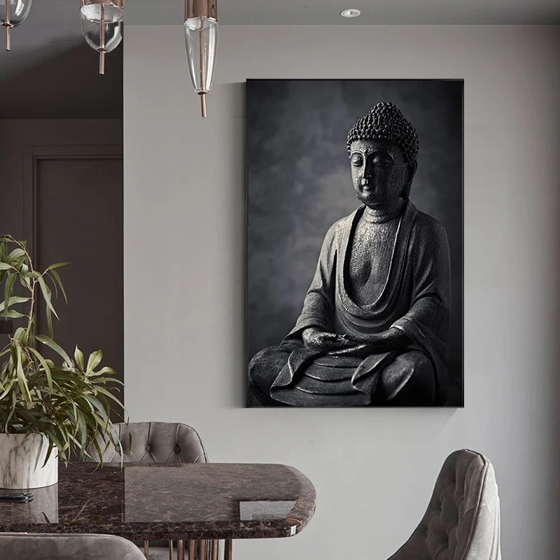 Quadro decorativo 1 peça 40x60 Preto e branco meditando buda estátua decoração para casa sala quarto hall