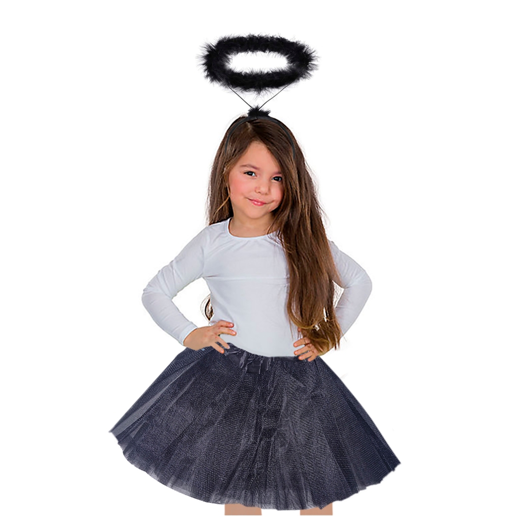 Kit Fantasia Infantil Saia Tule preta mais Tiara Anjo Com Aureola cor ...