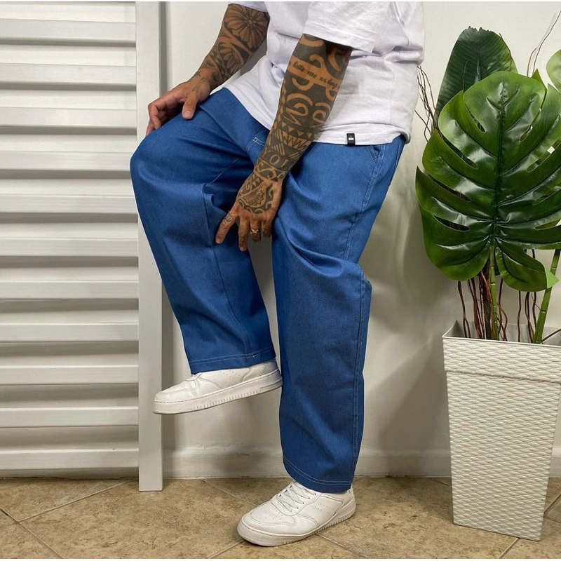 Calça Baggy Jeans Masculina e Feminina Cargo Larga Plus Size Skate Grossa Azul Clara Balão Preta Bege