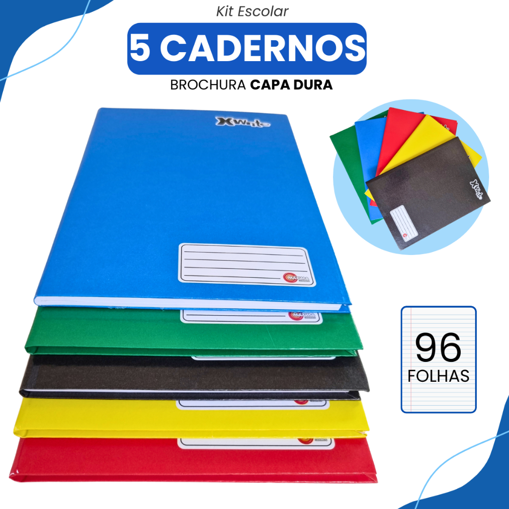 Kit 5 Cadernos Brochura Grande Capa Dura 96 Folhas Pauta Material ...