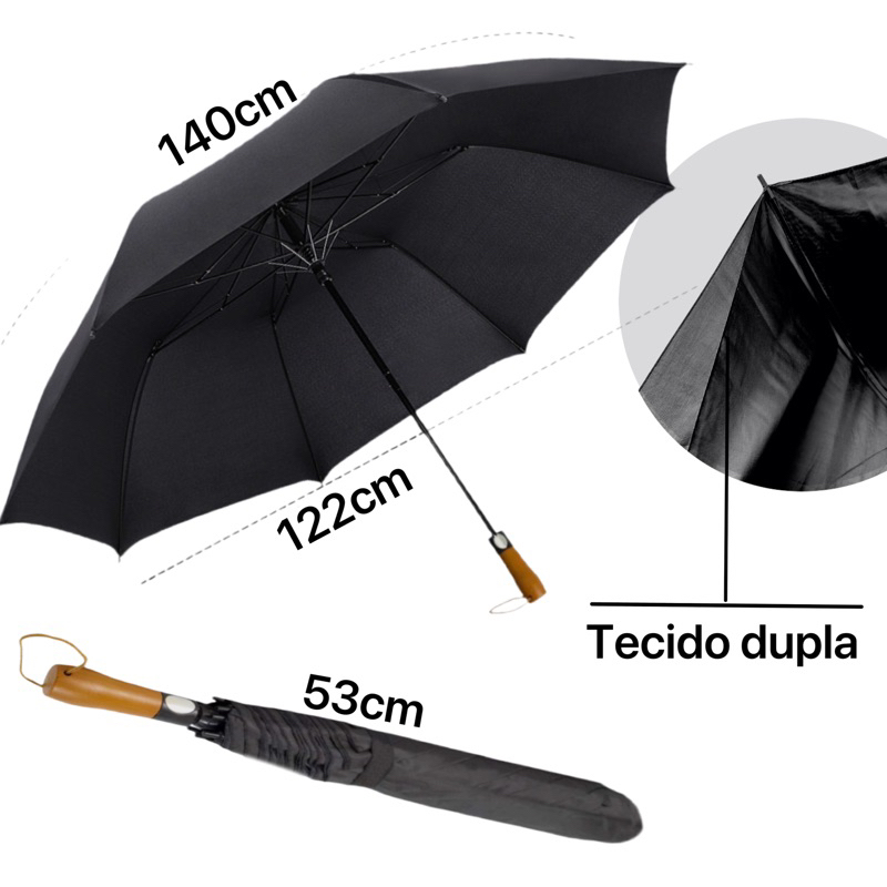 Guarda Chuva Automático Preto Grande Tecido Duplo de Golf Reforçado Contra Vento Cabo De Madeira LY2040/2043