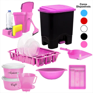 Conjunto Essencial Para Cozinha Lixeira 13 Litros + Kit Pia + Porta Talher + Escorredor de Arroz + Escorredor de Louça