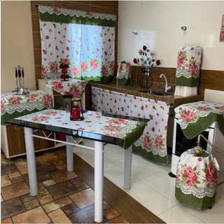 Jogo De Cozinha 10 Peças Com Cortina De Pia E Janela Caminho De Mesa Estampado