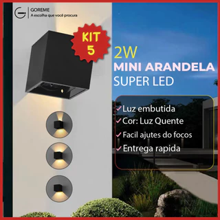 Kit 5 Arandela LED 2W Slim 2 Focos Ajustáveis + Luz Embutida - Modelo Europeu Moderno Interno e Externo Paredes e Muros Preto Branco e Marrom