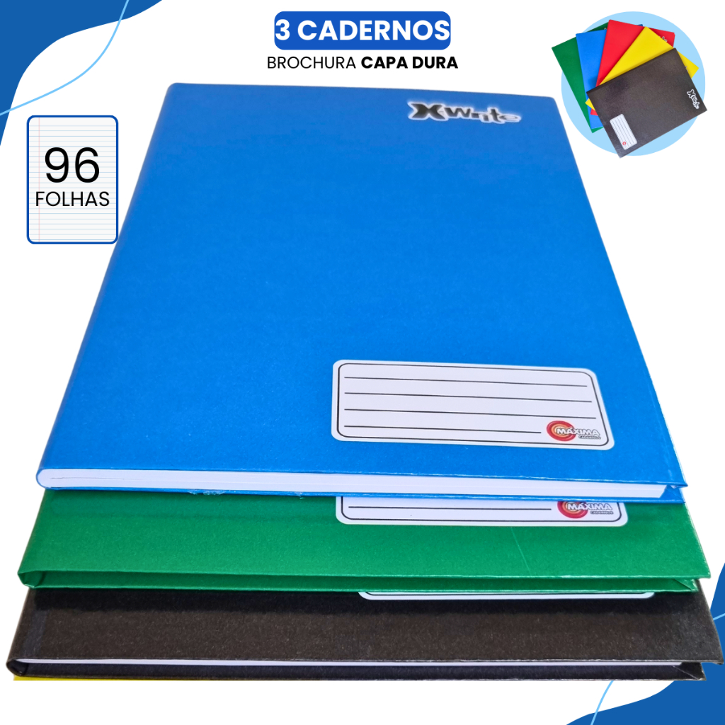 Kit 5 Cadernos Brochura Grande Capa Dura 96 Folhas Pauta Material ...