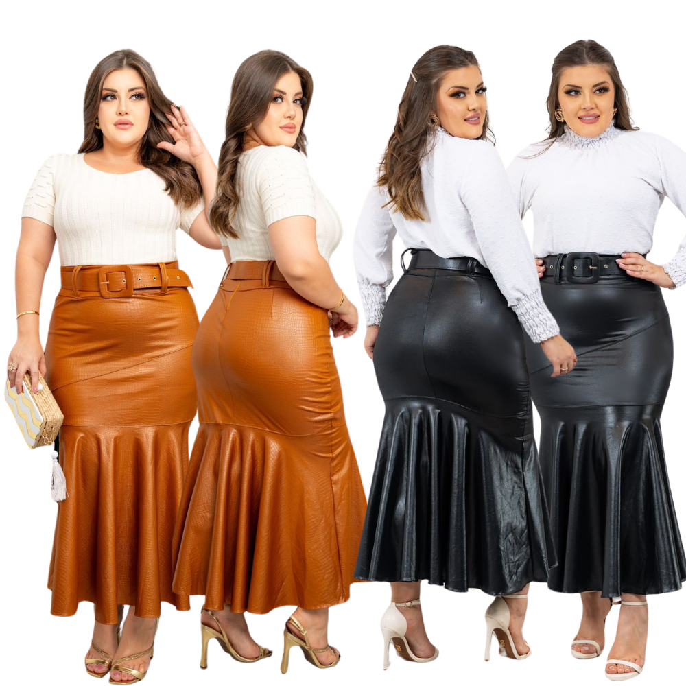 Saia Lápis Curve Plussize Tamanhogrande Tendencia De Couro Midi Evangélica Feminina Social Com Cinto