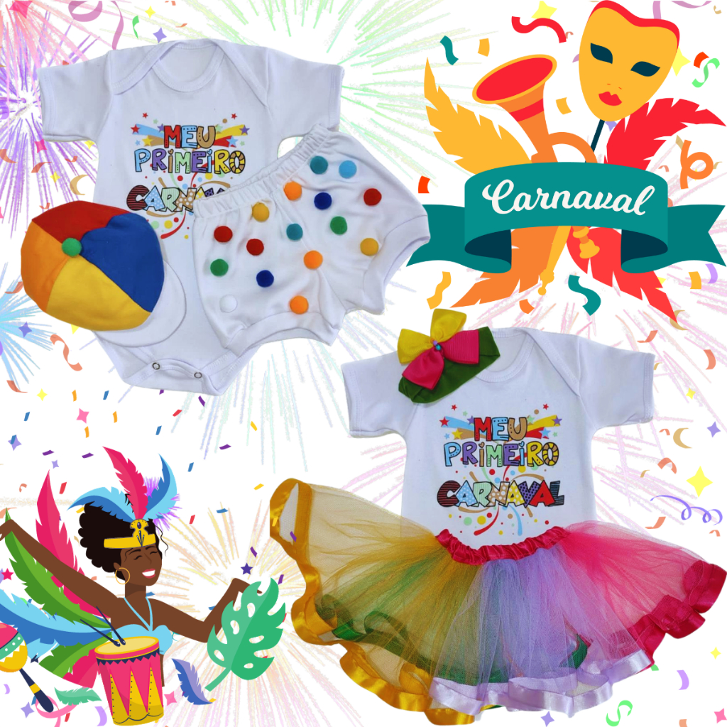 Body Bebe tématico Carnaval/Feminino/Masculino/100%Algodão