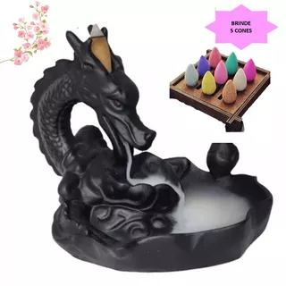 Porta Incenso Dragão Chinês Aromatizador Cascata de Fumaça + 5 Cones Brinde