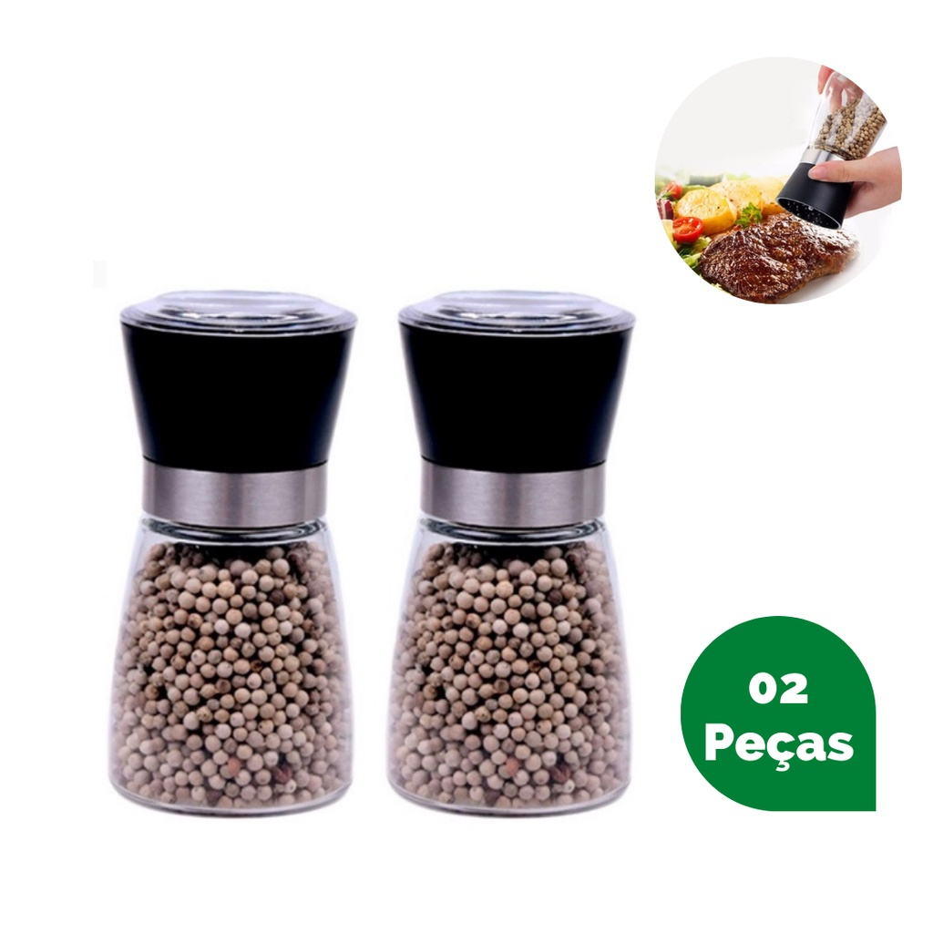 Kit 2 Moedor De Sal Pimenta Especiarias De Vidro Premium e Inox ...