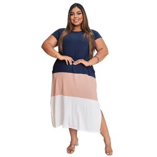 Vestido Feminino Plus Size Midi com Manga Curve Bolsos Fenda Soltinho de Malha 44 ao 52