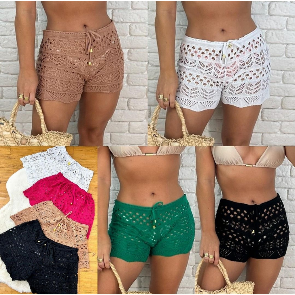 Mini Short Curto Tricot Saída de Praia Piscina Tricô Shortinho Shorts ...