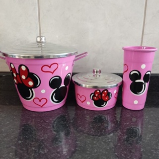 Jogo de pia de alumínio rosa Mickey e Minnie pintura feito à mão