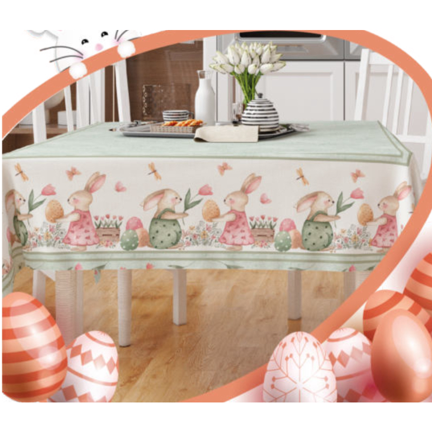 Toalha e Centro de Mesa de Páscoa, para Redondas ou Quadradas de 4 Lugares, estampa Coelhos Namorados.
