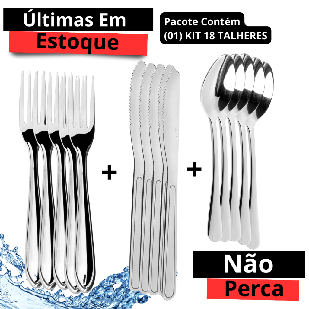 Talheres Inox Kit 18 peças 6 Garfos +6 Facas + 6 Colheres Aço Inox para ...