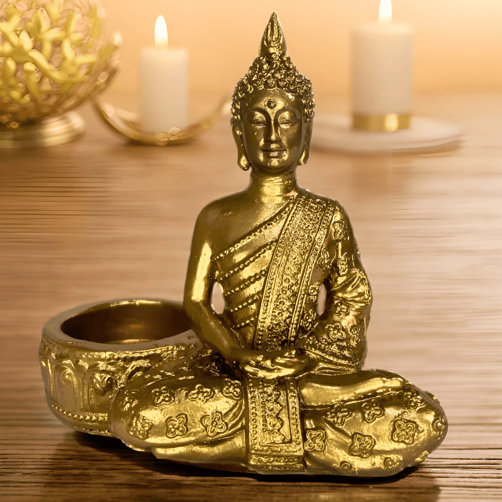 Porta Vela Buda Decorado Incensário Hindu Mini Buda Meditando Dourado